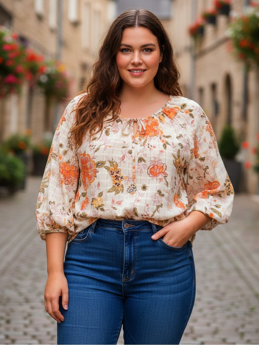 Cream Floral Peasant Top with Orange Blooms–like new–30" p2p 31" length